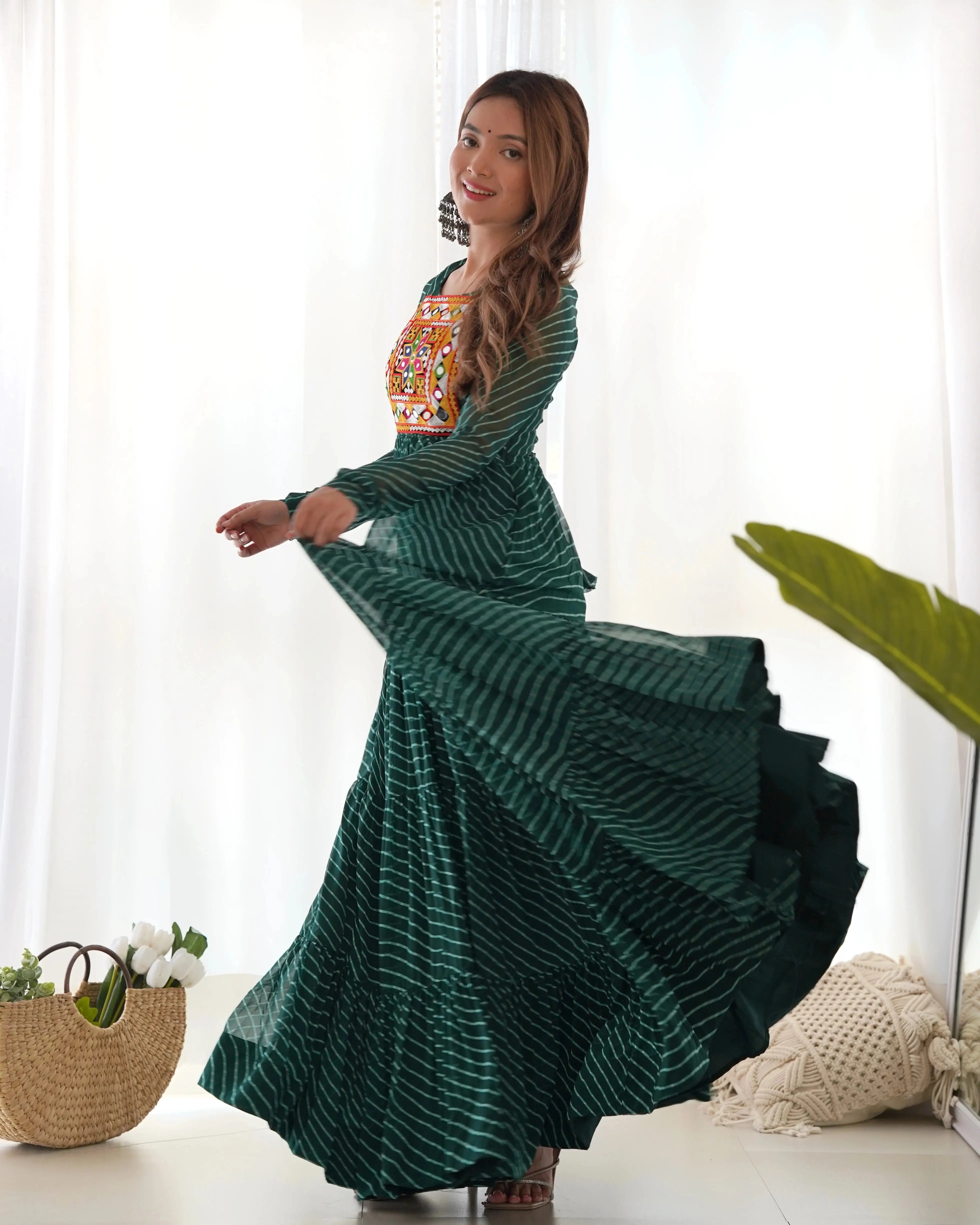 Dark Green Gamthi with Laheriya Print Fox Georgette Gown – Kalyanja